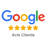 Le logo Google au-dessus de cinq étoiles dorées et la mention « Avis Clients » en gris, indiquant une note de cinq étoiles attribuée par les clients sur Google.