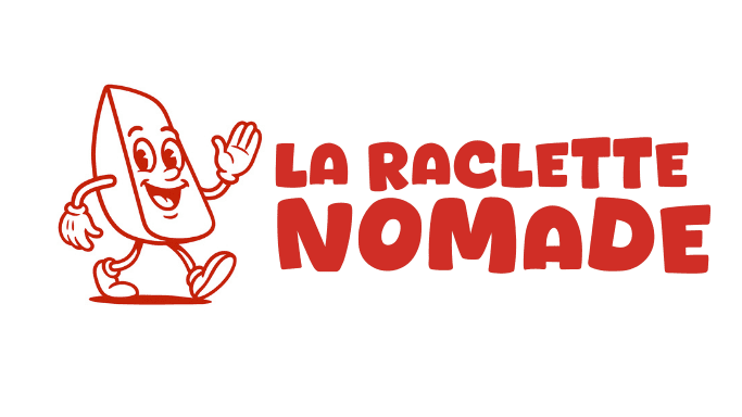 Un morceau de fromage dessiné, doté de bras et de jambes, fait un signe de la main à côté d’une inscription en rouge vif « LA RACLETTE NOMADE » sur fond blanc, illustrant ainsi l’esprit festif d’une guinguette événementielle.
